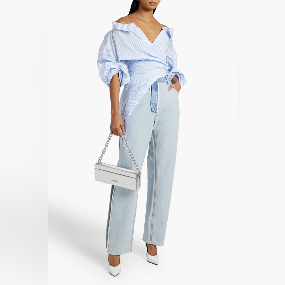 SOLD! Alexander Wang Off Shoulder Asymmetric Striped Mesh Accent Poplin Top 2 - Picture 4 of 17